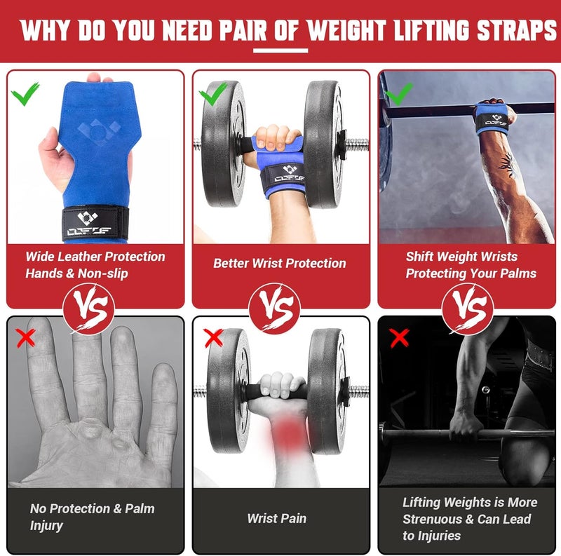 COFOF Weight Lifting Wrist Strap, Double Layer Leather Wrist Strap for Deadlift and Powerlifting, Adjustable Neoprene Padded Gym Workout Lifting Hooks (Pair) - Image 3